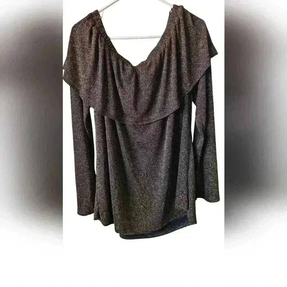 Y2k Umgee Black & Gold Off-the-Shoulder Ruffle Long Sleeve Top
